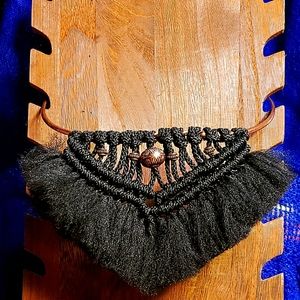 Black and brass tone Macrame, fringed choker